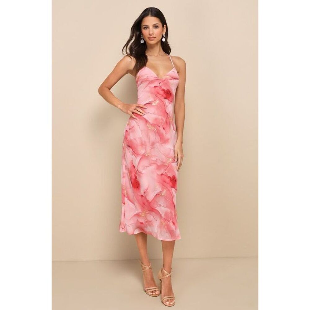 Lulus Bright Charm Pink Abstract Print Chiffon Slip Midi Dress - Size XL